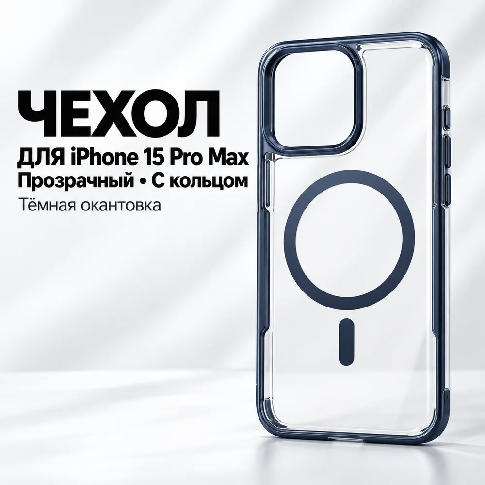 Чехол для iPhone 15 Pro Max, прозрачный, с кольцом и тёмной окантовкой, фото 2